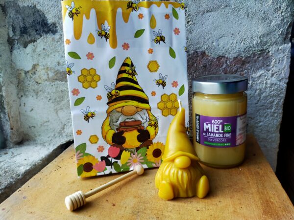 Coffret-cadeau 1 pot de miel et 1 bougie en cire d'abeille + sac offert