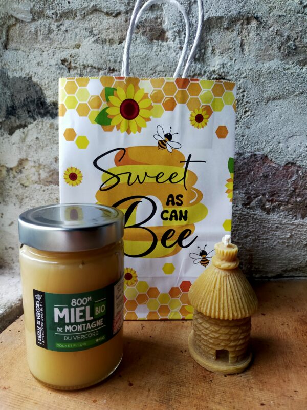 Coffret-cadeau 1 pot de miel et 1 bougie en cire d'abeille + sac offert